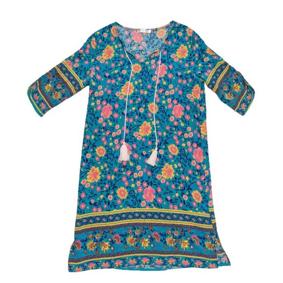 Halife Floral Boho Tassel Dress Size M – Blue Multicolor Tunic Shift - Picture 1 of 13